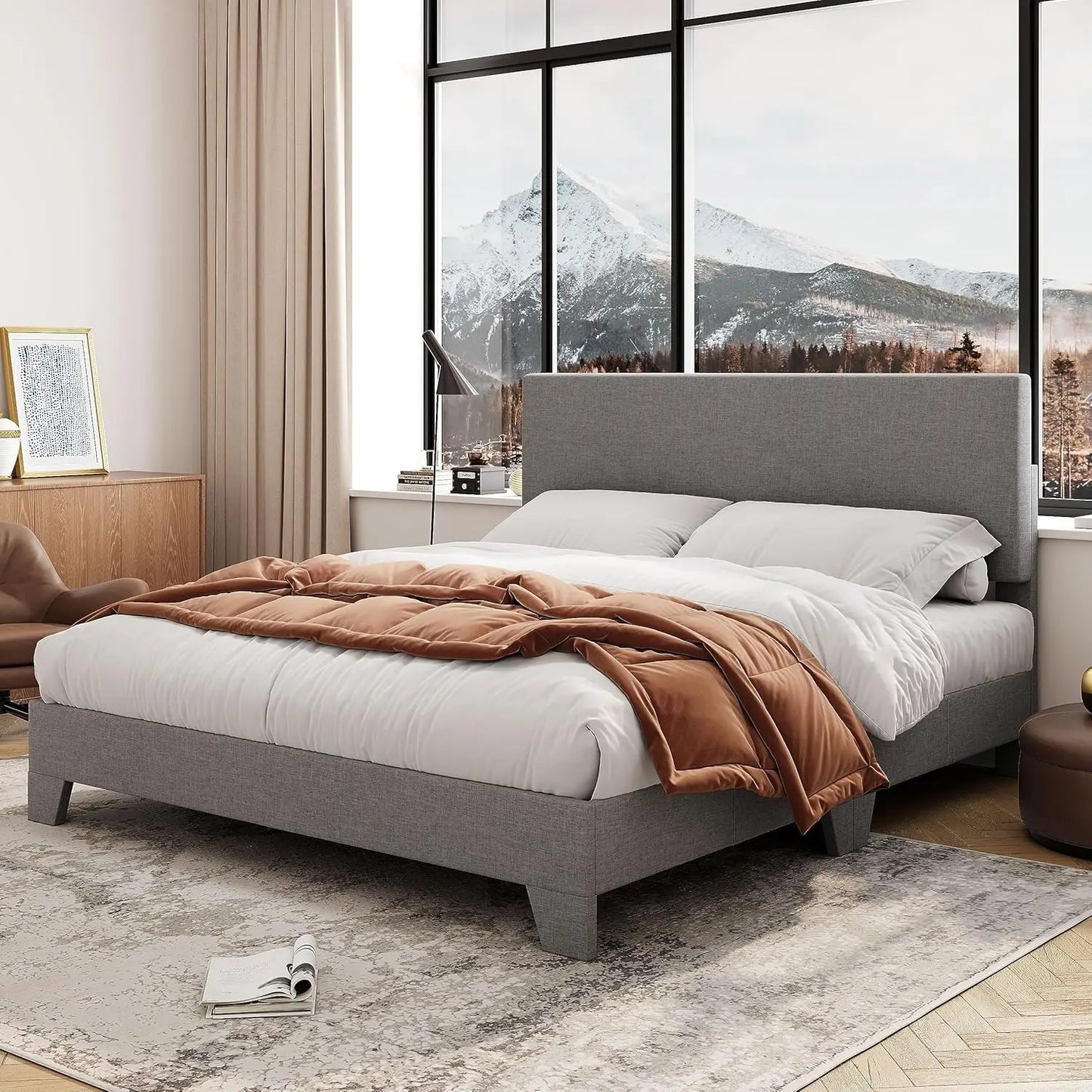 Full/Queen/king Size Bed Frame Adjustable Headboard, Faux Leather Platform Bed, Easy Assembly