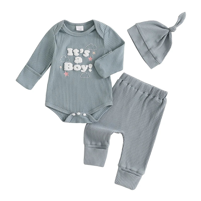 Baby Boys/Girls 3PCS Outfit, Long Sleeve Crew Neck, Letter Embroidery Romper, Solid Color Pants & Hat
