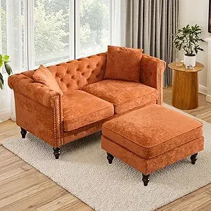 62" Tufted Linen Loveseat with Gourd Wooden Legs, Nailhead Trim and Flared Arms,