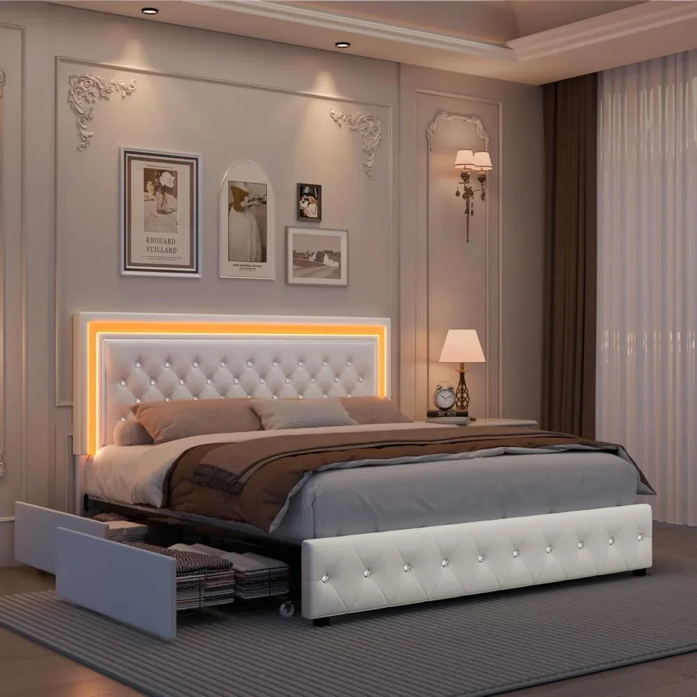 LED Upholstered Bed Frame with 4 Drawers | Adjustable Diamond Headboard • Wooden Slats • No Box Spring needed