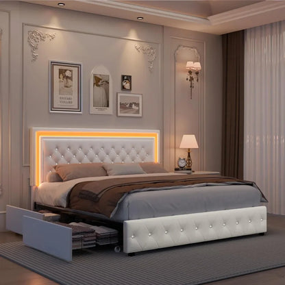 LED Upholstered Bed Frame with 4 Drawers | Adjustable Diamond Headboard • Wooden Slats • No Box Spring needed