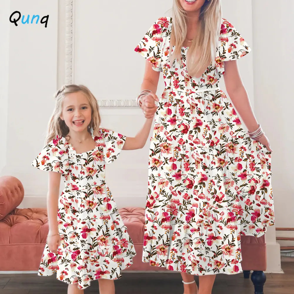 Sweet Dress Mommy And Daughter Matching Outfit, Square Collar, Fashion Print, Ruffle Sleeve