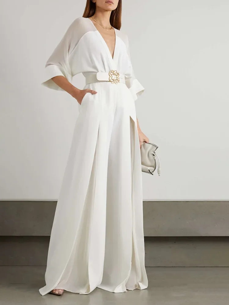 Elegant V-neck, Mesh Patchwork Raglan Sleeve, Belted Wide Leg Jumpsuit