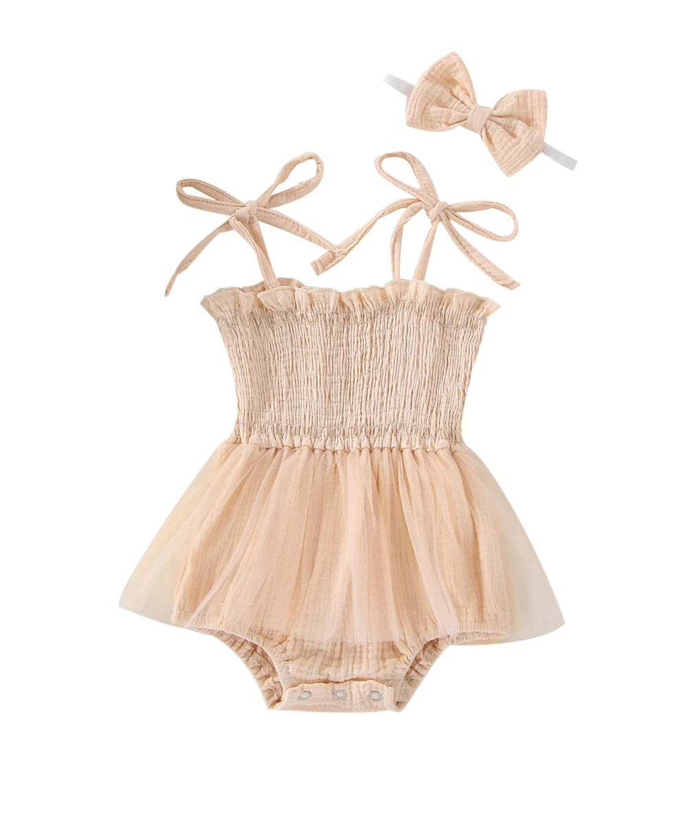 0-18M 2Pcs Summer Newborn Infant Girls, Ruffles Lace-Up Pleated Mesh Loose Romper+Hairband