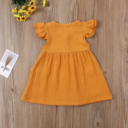 2020-03-31 Lioraitiin 0-6Years Toddler Kid Baby Girl Summer Dress Ruffles Sleeves Cotton Button Pocket Dress Sundress Clothes
