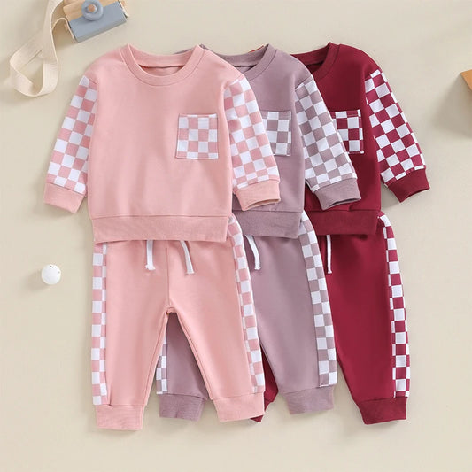 0 MO-3Y Girl Clothes Outfits, Long Sleeve, Checkboard Sweatshirt and Pants Set