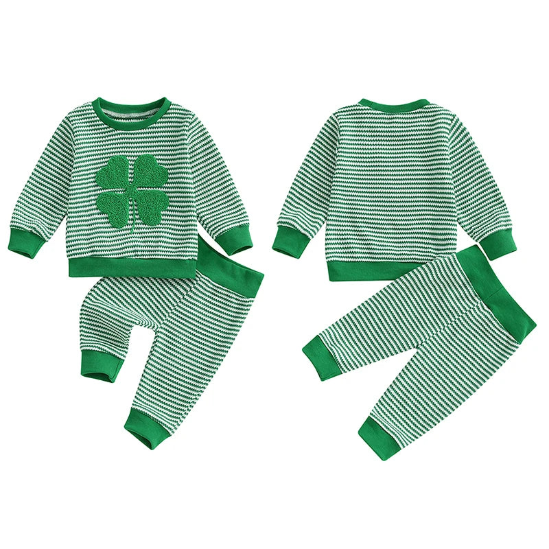 Lioraitiin Toddler Baby Boy St. Patrick's Day Outfit Long Sleeve Shamrock Embroidery Sweatshirt+Stripes Pants Set Spring Clothes