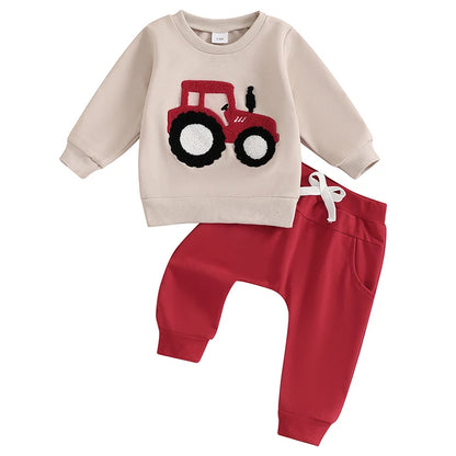 3-36 MO Boy Outfit, Tractor Embroidery Long Sleeve Sweatshirt with Solid Long Pants