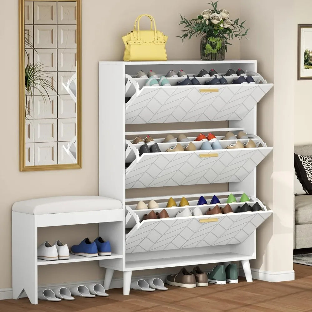 Shoe Cabinet w/3 Flip Drawers & Bench
