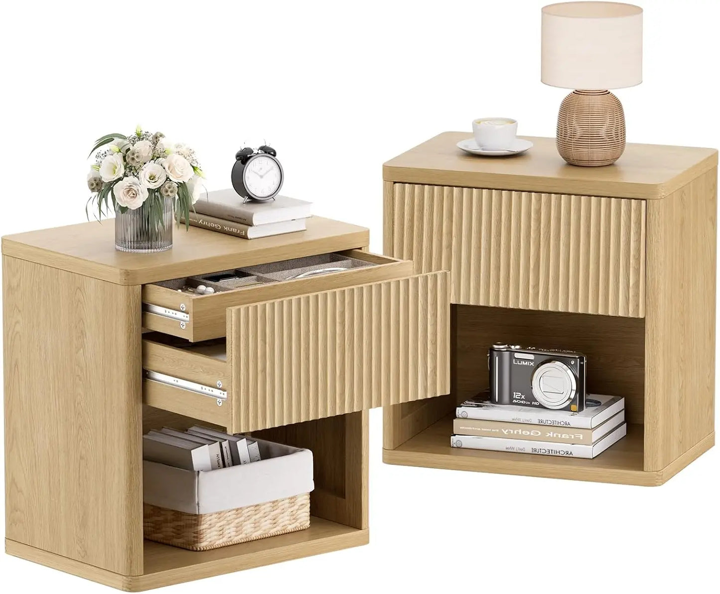 Set of 2, 22.8" W Nightstand  with Hidden Drawers and Open Shelves