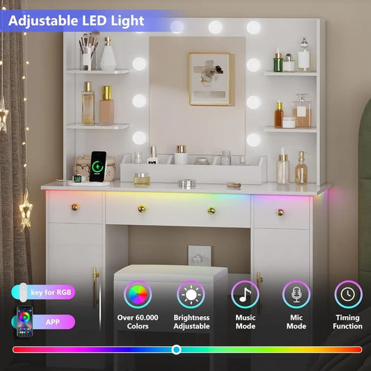 Makeup Desk with Mirror & Lights: Charging Station, 3 Drawers & Stool