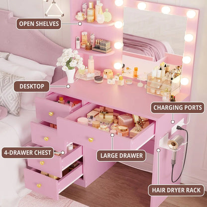 Vanity/Desk with Mirror and Lights with 5 Drawers