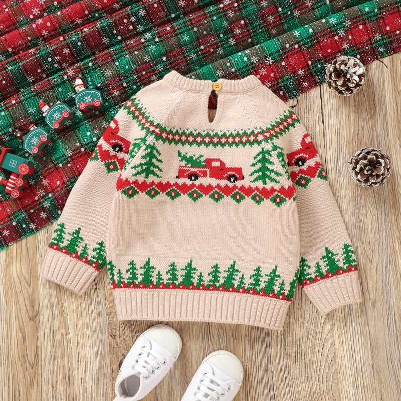 9 MO-3T Boy Christmas Sweater, Round Neck, Truck Print Knit Pullover