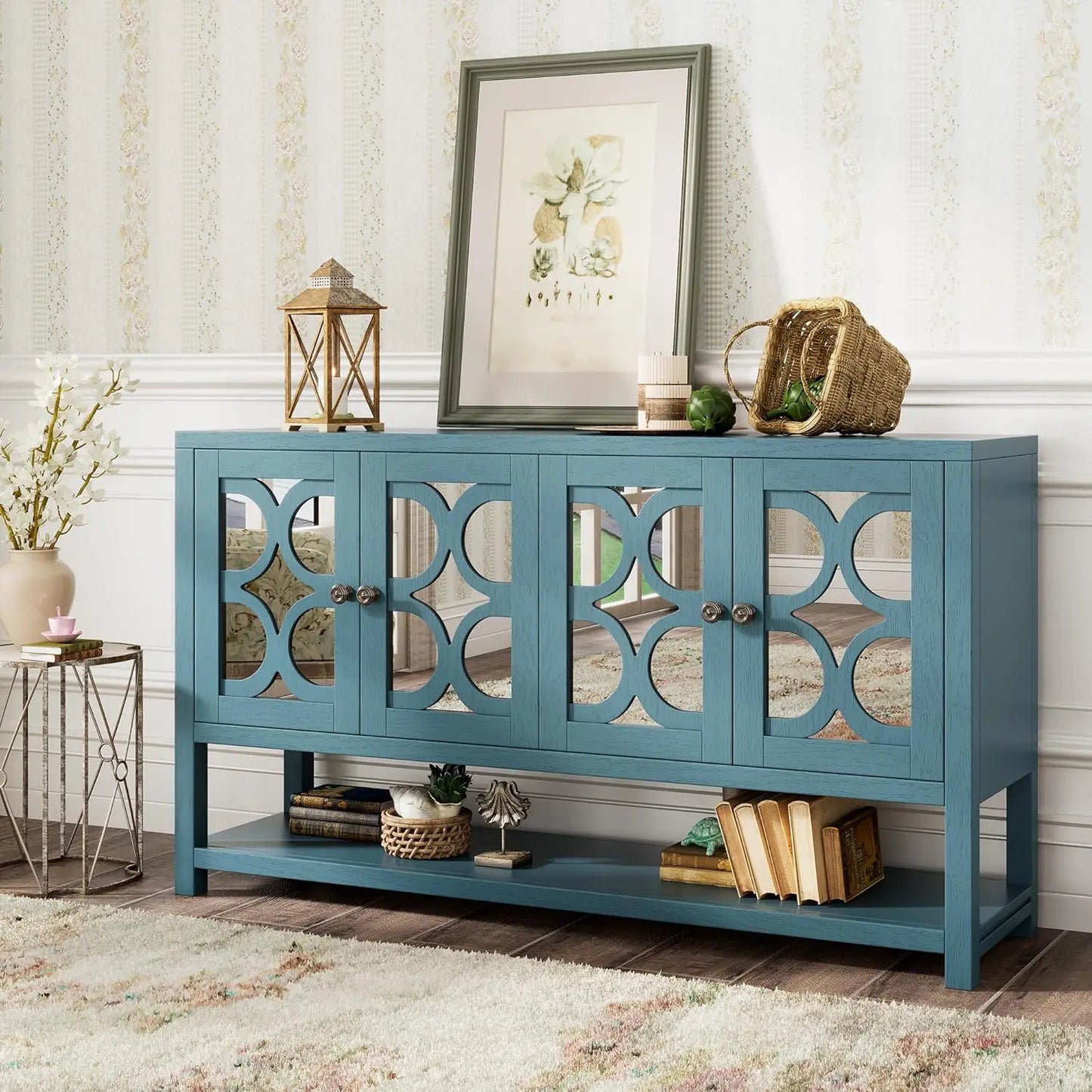 Elegant Mirrored Console Table with Storage Shelves and Sturdy Acacia Wood Legs (3 colors)