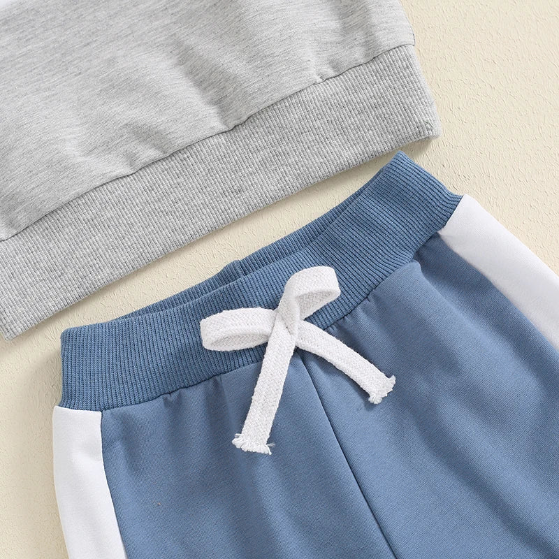 3-24 MO & 3T Boy Pants Set, Long Sleeve, Round Neck Sweatshirt. Drawstring Long Pants Contrast Color Outfits