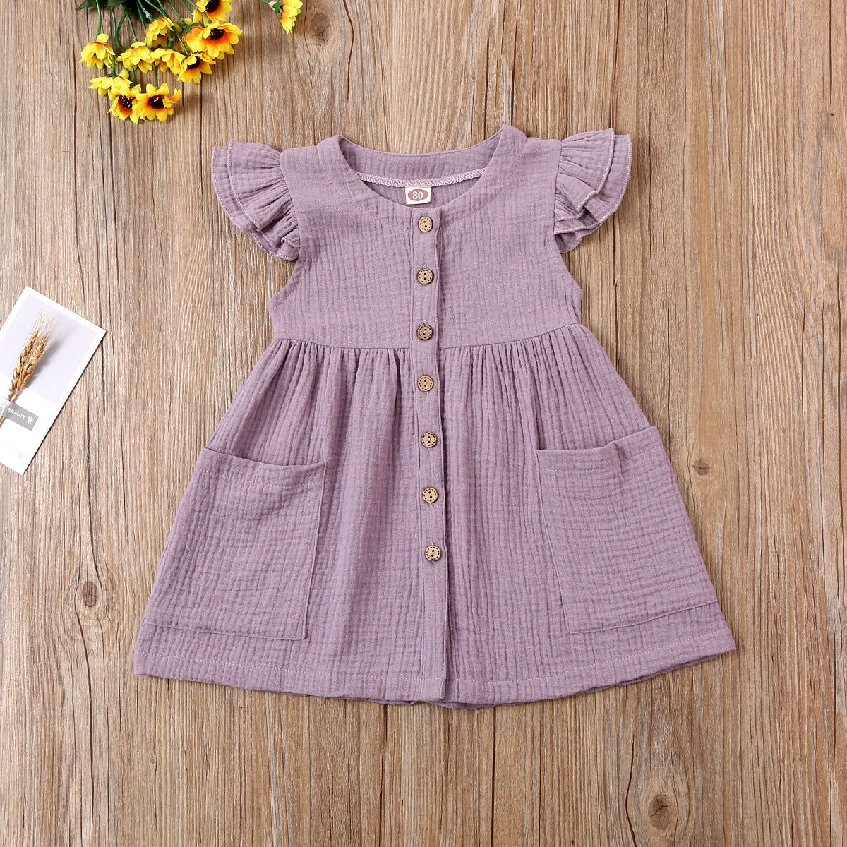 2020-03-31 Lioraitiin 0-6Years Toddler Kid Baby Girl Summer Dress Ruffles Sleeves Cotton Button Pocket Dress Sundress Clothes