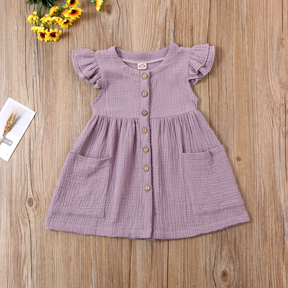 2020-03-31 Lioraitiin 0-6Years Toddler Kid Baby Girl Summer Dress Ruffles Sleeves Cotton Button Pocket Dress Sundress Clothes