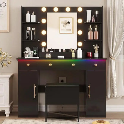 Makeup Desk with Mirror & Lights: Charging Station, 3 Drawers & Stool