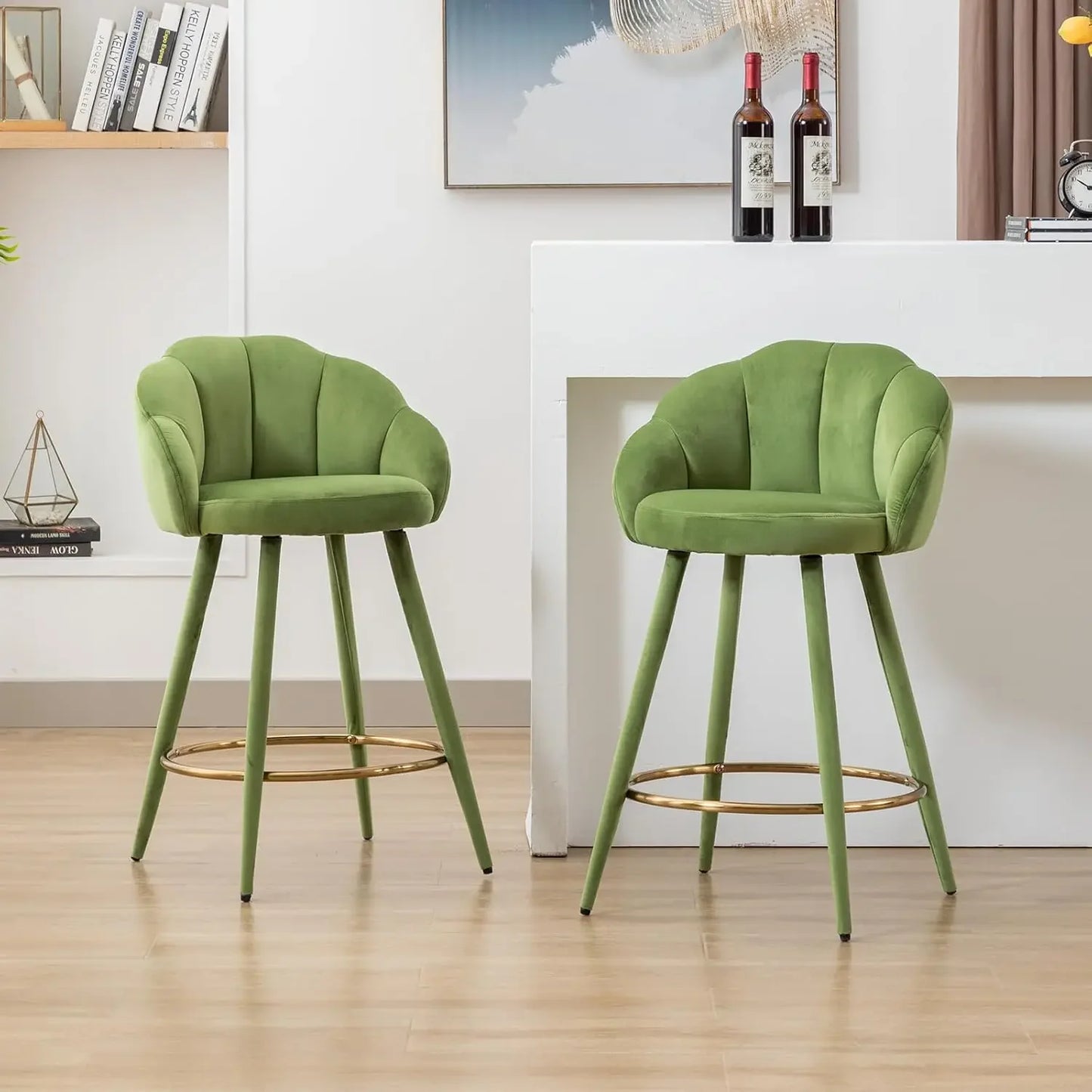 Set of 2 Modern 25.5" Counter Height Barstool with Petal Back & Gold Metal Ring Footrest