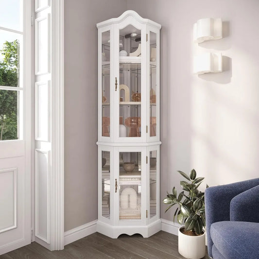 Lighted 3-Side Glass Display Curio Cabinet w/ Tempered Glass Doors and Shelves