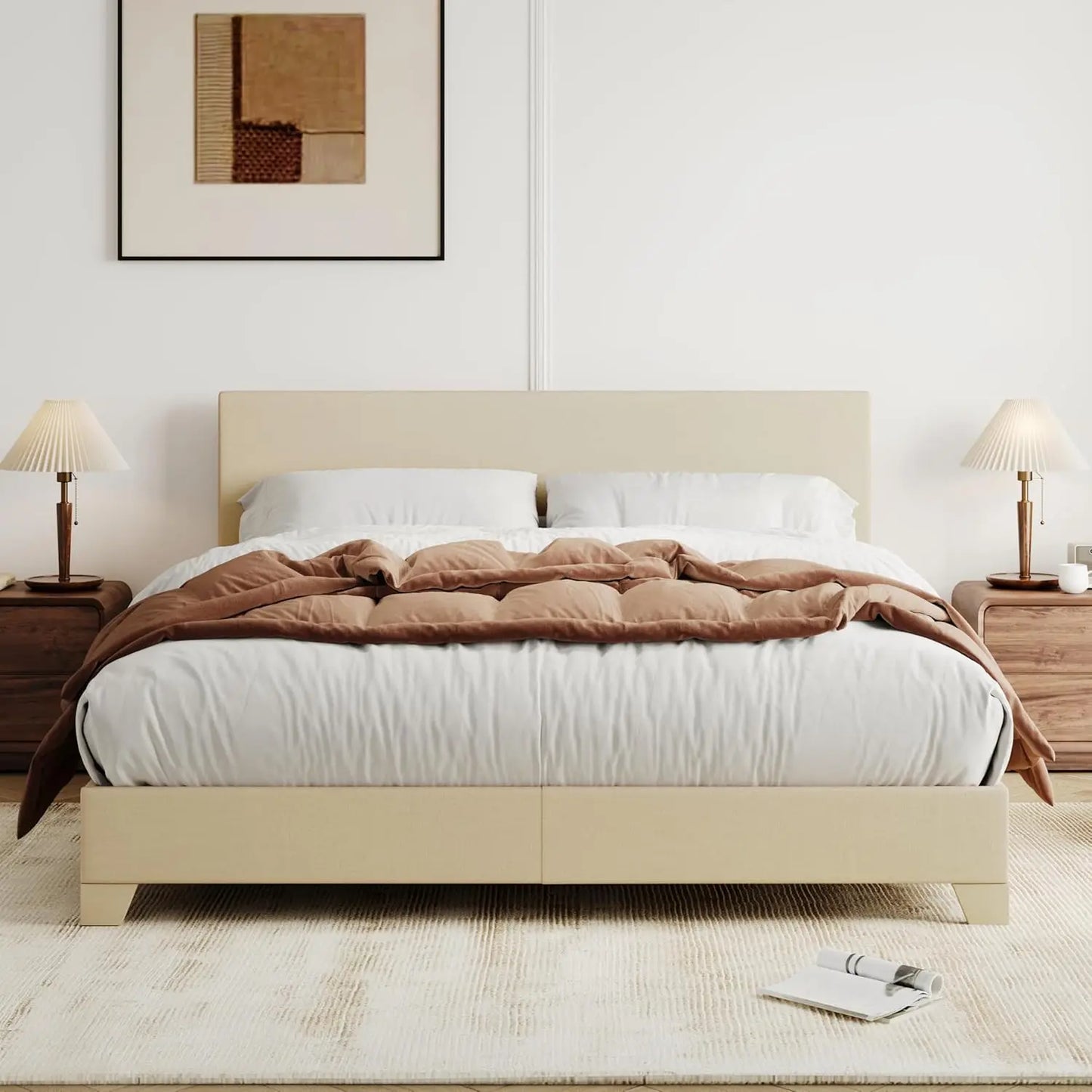 Full/Queen/king Size Bed Frame Adjustable Headboard, Faux Leather Platform Bed, Easy Assembly