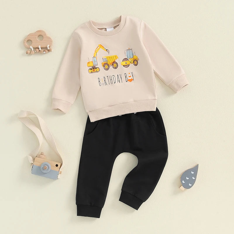 18MO-5T Little Boy Birthday Outfit, Excavator Print, Long Sleeve Sweatshirt w/Pants with Pockets