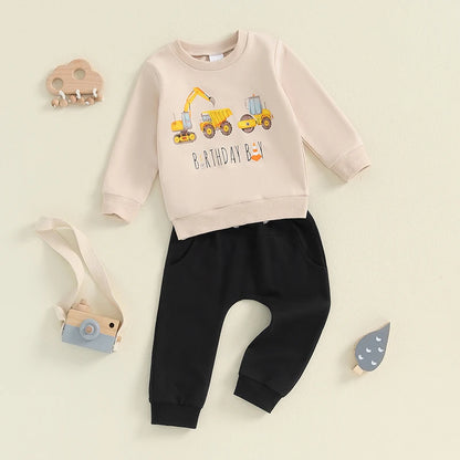 18MO-5T Little Boy Birthday Outfit, Excavator Print, Long Sleeve Sweatshirt w/Pants with Pockets
