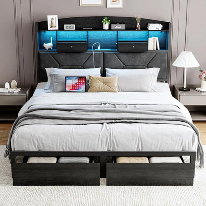 Full Size Bed Frame with 4 Storage, Velvet Upholstered with Button Tufted Headboard Led Lights