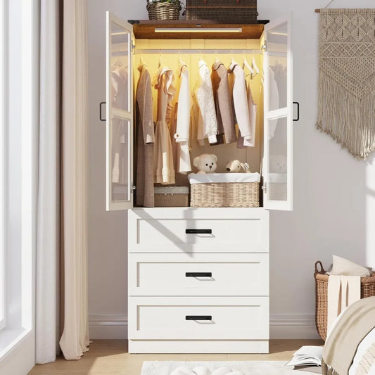 75" 2 Door Armoire Wardrobe Closet with 3 Drawers and LED