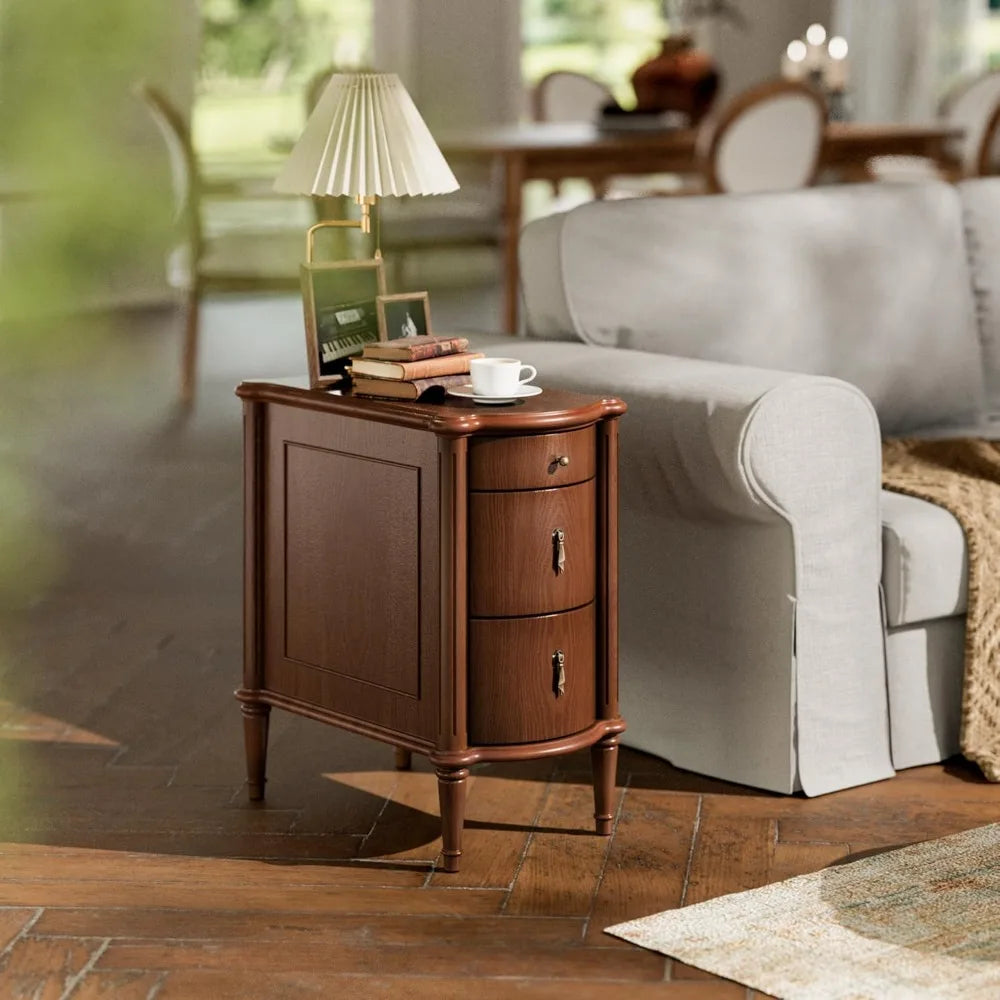 Set of 2 Nightstands w/Charging Station & 3 Drawers,Rustic Wood Finish, and Turned Legs