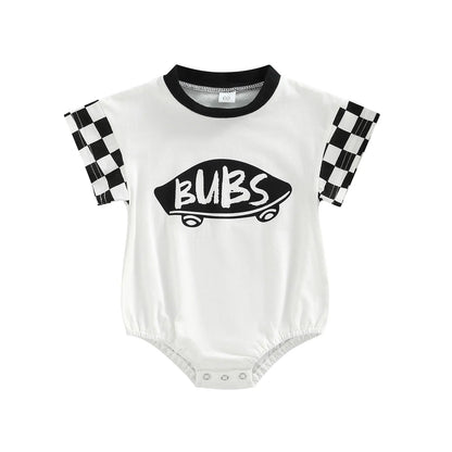 6-18M Infant Boy Romper, Plaid Short Sleeve Round Neck Cartoon Pattern Letter Print