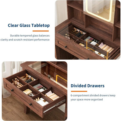 Makeup Table Set with Drawers, Upholstered Stool