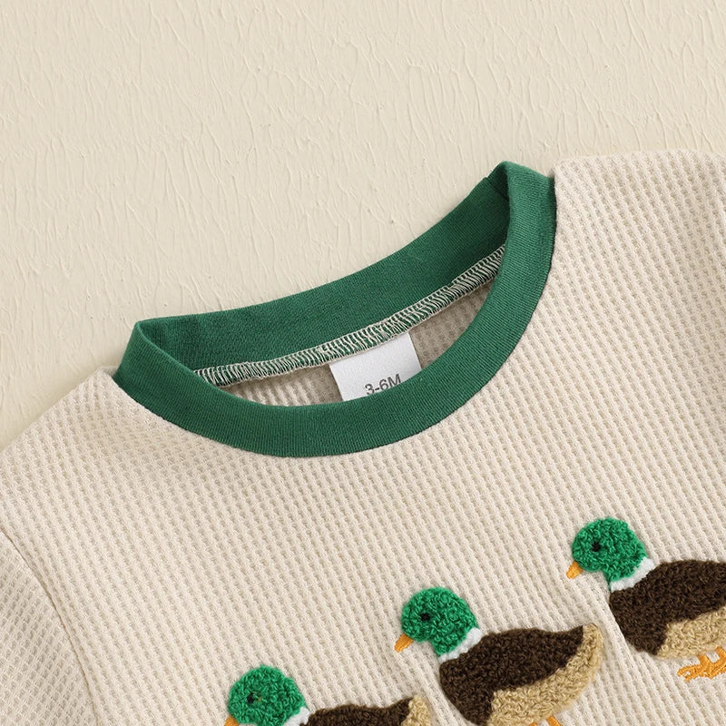 3-18 MO Baby Unisex Romper, Short Sleeve, Crew Neck, Duck Embroidery