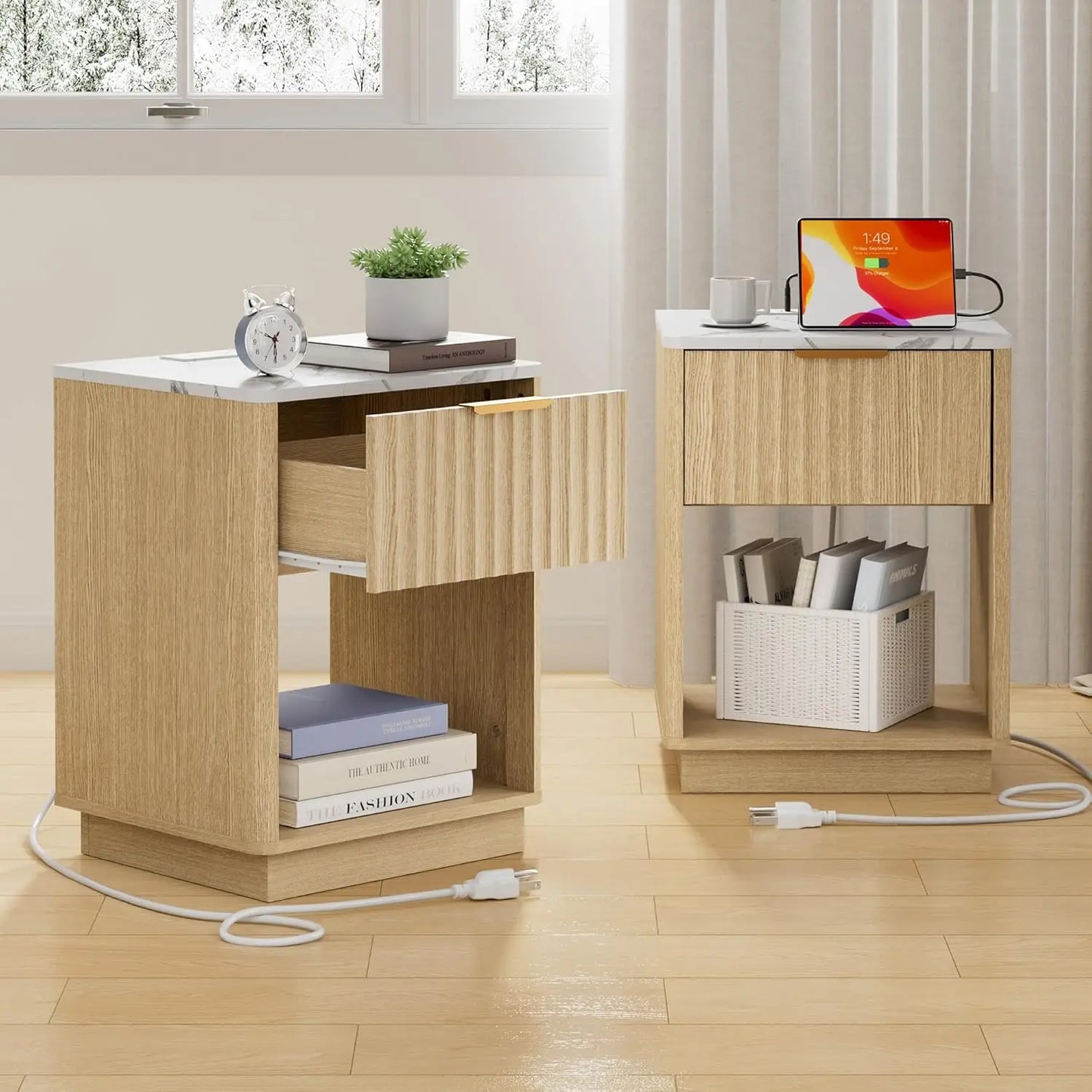 Set of 2 18" Side Tables with Charging Station, Drawer & Open Shelf