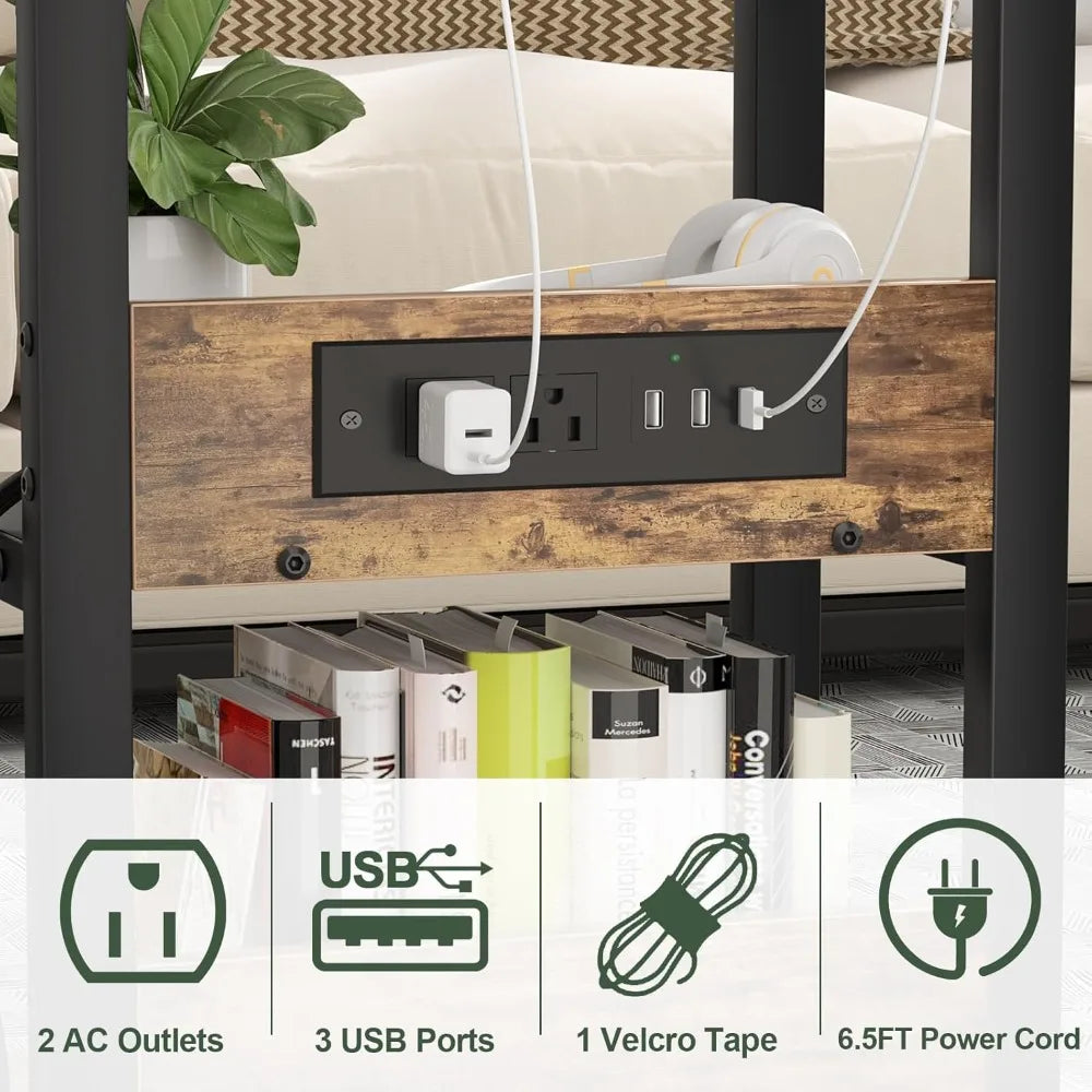 C Shaped Adjustable Height End Table  with Charging Station, TV Tray with Wheels Slide Under Sofa/Bed