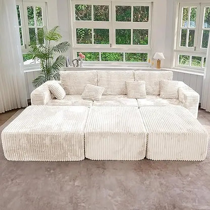 6 Seater Corduroy Boneless Couch Sleeper with Ottoman