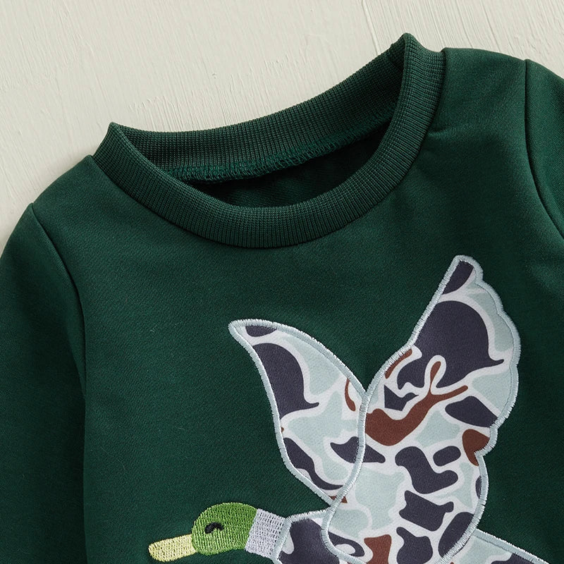 6MO-3T Spring Kids/Baby Boy Outfit Sets, Long Sleeve Duck Embroidery Pullover, Camouflage Pants