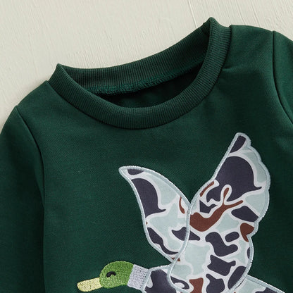 6MO-3T Spring Kids/Baby Boy Outfit Sets, Long Sleeve Duck Embroidery Pullover, Camouflage Pants