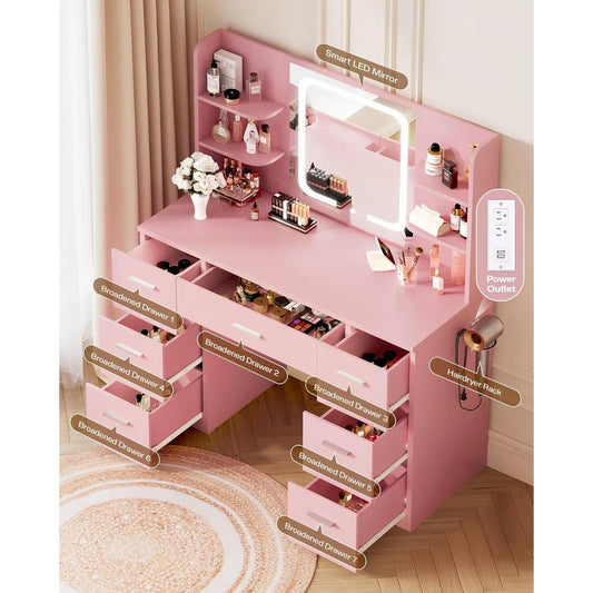 Vanity Desk. Pink, 43.3'Wx15.7'Dx53.2'H (Smart LED Mirror, 4 Open Shelves, 7 Drawers, Hairdryer Rack, Power-Outet)