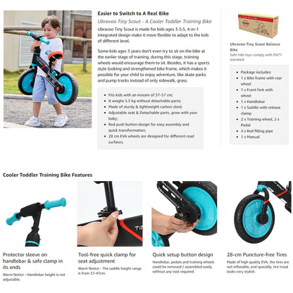 Tiny Scout Balance Bike 3 4 5 Years , 4-in-1 with Optional Support Wheels and Pedals, Saddle Height Adjustable