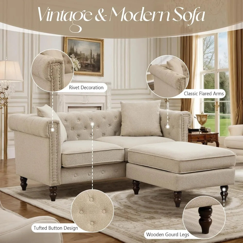 62" Tufted Linen Loveseat with Gourd Wooden Legs, Nailhead Trim and Flared Arms,