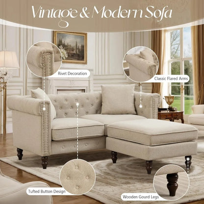 62" Tufted Linen Loveseat with Gourd Wooden Legs, Nailhead Trim and Flared Arms,