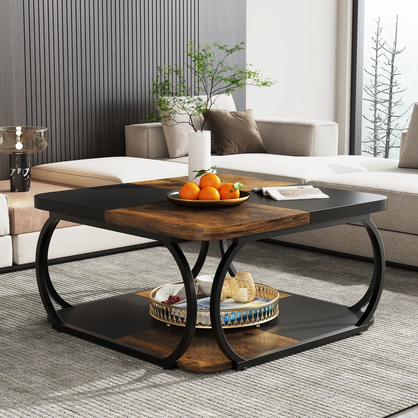 Tribesigns Square Coffee Table with 2 Tiers, 40 inches Low Farmhouse Coffee Table with Wood Storage Shelf