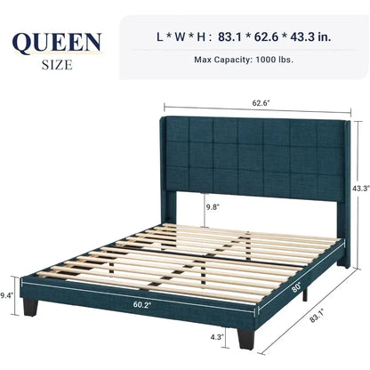 Fabric Upholstered Square Stitched Headboard and Wooden Slats