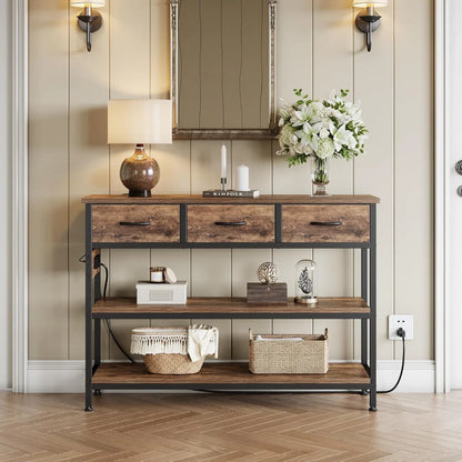 Entryway Table with Power Outlets and 3 Fabric Drawers