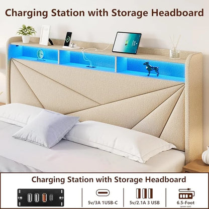 King Size Bed Frame with Storage, Lift Up Upholstered King Bed Frame with LED Lights Headboard and Charging Station, No Box Spring