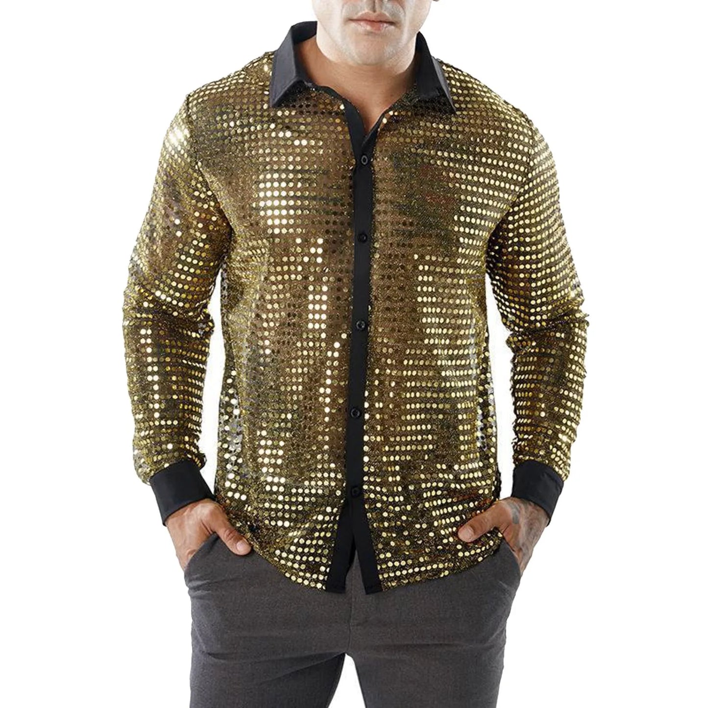 Glitter Sequin Shirt, Men's Long Sleeved Performance Wear, 70s Disco, Lapel Neck, Slimming Sparkle Compression Shirts With Button