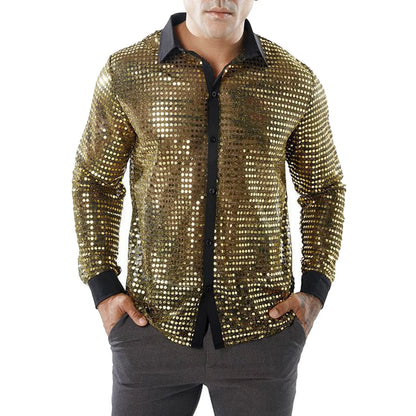 Glitter Sequin Shirt, Men's Long Sleeved Performance Wear, 70s Disco, Lapel Neck, Slimming Sparkle Compression Shirts With Button