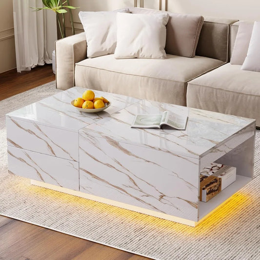 LED Coffee Table, 43" UV High Gloss Table with 2 Drawers & Hidden Storage Compartment & Open Compartments
