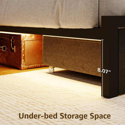 Full Size Bed Frame with 4 Storage, Velvet Upholstered with Button Tufted Headboard Led Lights